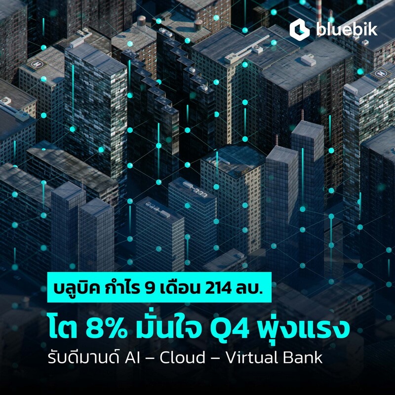 "บลูบิค" กวาดกำไร 9 เดือน 214 ล้านบาท ขยายตัว 8% มั่นใจ Q4/68 โตโดดเด่น เร่งเครื่อง ส่งมอบงาน พร้อมรับแรงหนุนจากดีมานด์ AI, Cloud Computing และ Virtual Bank