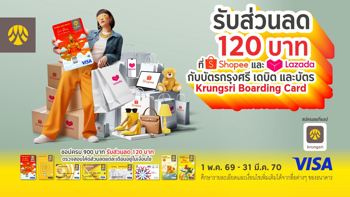“กรุงศรี” เสิร์ฟโปรชอปออนไลน์ที่ Shopee และ Lazada รับส่วนลด 120 บาท เมื่อมียอดสั่งซื้อ 900 บาทขึ้นไป