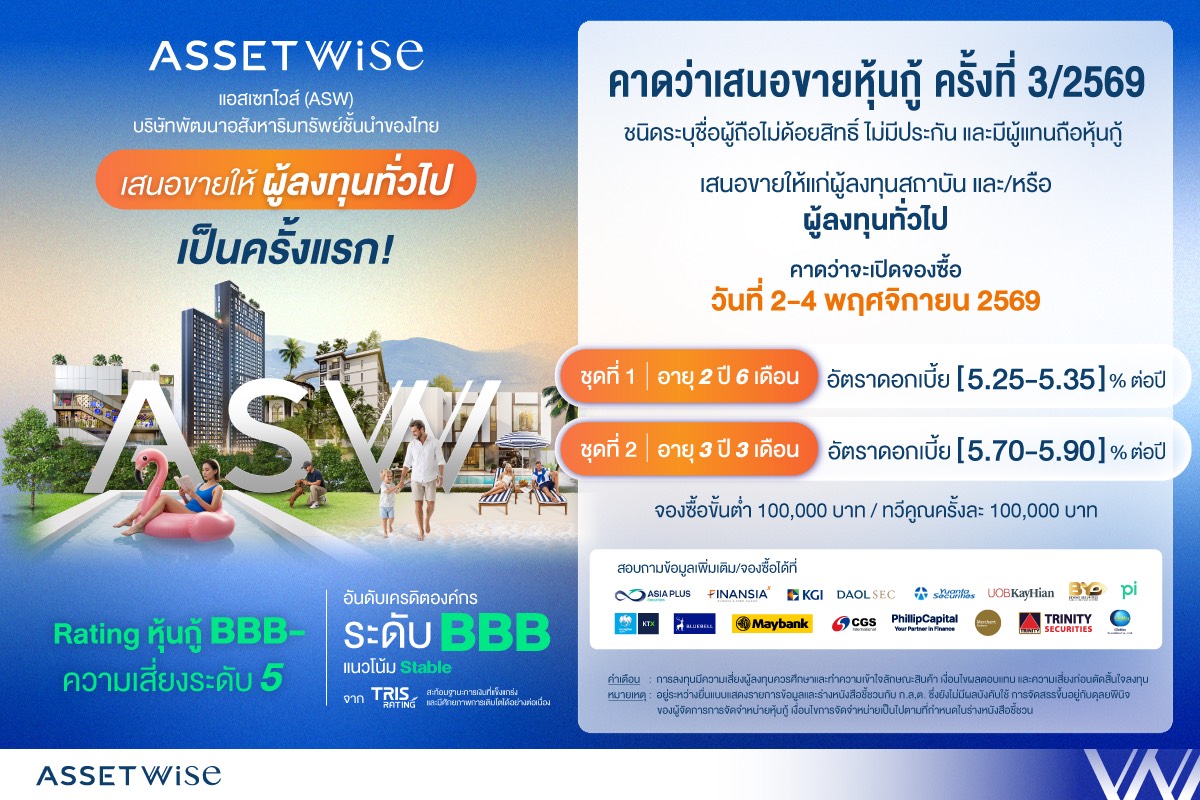 “ASW” เตรียมเสนอขายหุ้นกู้ต่อประชาชนทั่วไปครั้งแรก ดอกเบี้ยระหว่าง 5.25-5.90% ต่อปี คาดเปิดจองซื้อ 2-4 พ.ย. นี้ ชูเรทติ้งองค์กร BBB ตอกย้ำการเงินแข็งแกร่ง เติบโตต่อเนื่อง
