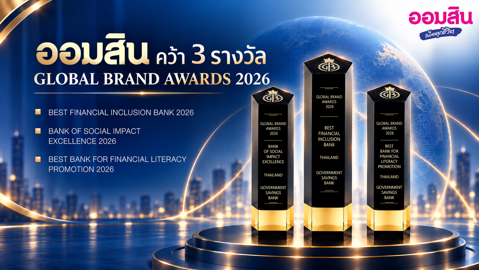 “ออมสิน” คว้า 3 รางวัลระดับโลกจาก Global Brand Awards 2026 ตอกย้ำความเป็นผู้นำด้านการเงินเพื่อทุกชีวิต สร้างโอกาส และยกระดับคุณภาพชีวิตคนไทย