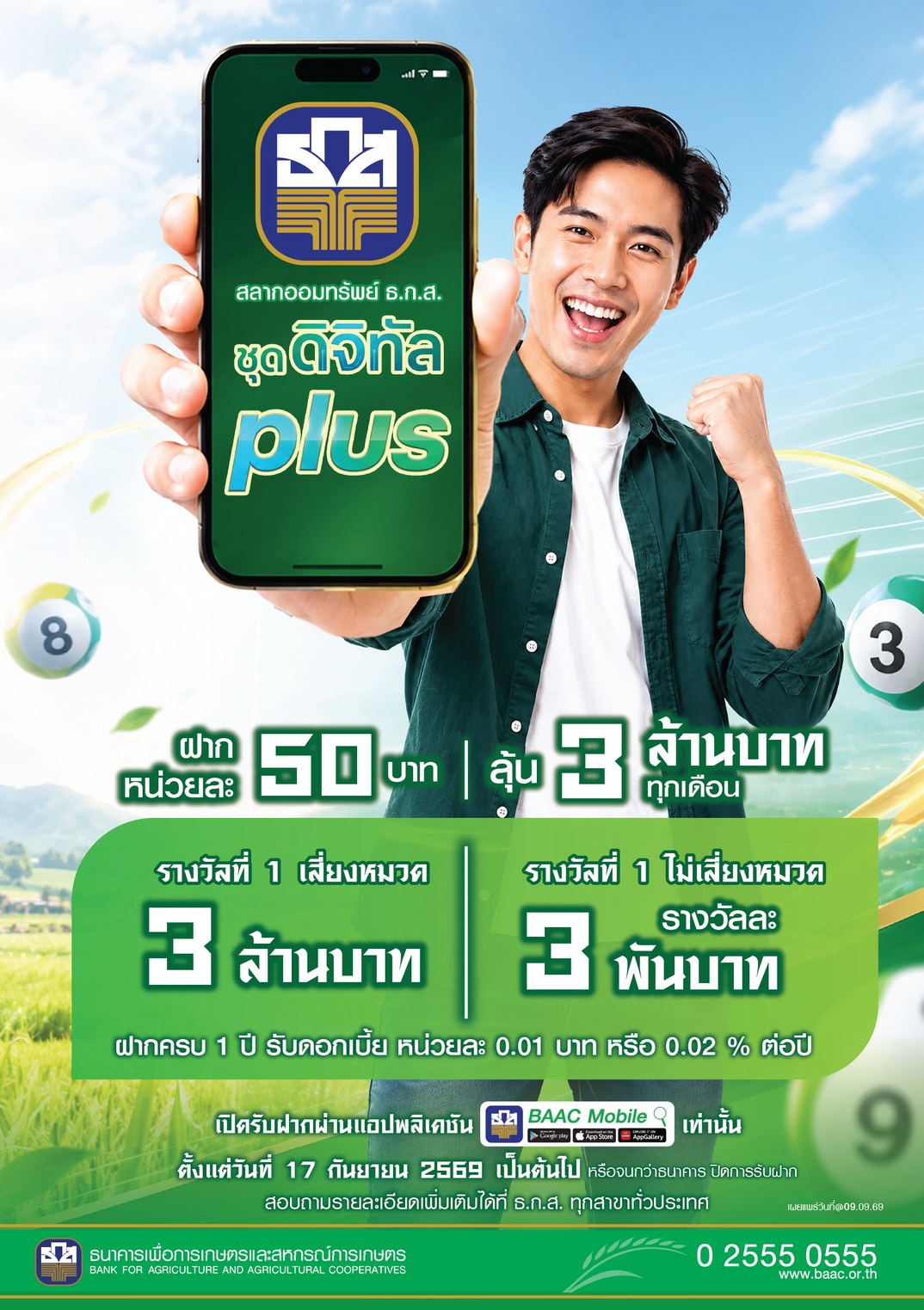 “ธ.ก.ส.” เปิดตัวสลากออมทรัพย์ ธ.ก.ส. ชุดดิจิทัล Plus ผ่าน Application BAAC Mobile ฝากง่าย เพียงหน่วยละ 50 บาท ลุ้นโชค มูลค่า 3 ล้านบาททุกเดือน