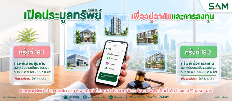 “SAM” จัดประมูลทรัพย์ NPA ทำเลศักยภาพทั่วประเทศ ทั้งเพื่ออยู่อาศัย - ต่อยอดธุรกิจ เริ่มต้นบ้านเดี่ยวย่านคลอง 8 เพียง 8.5 แสนบาท