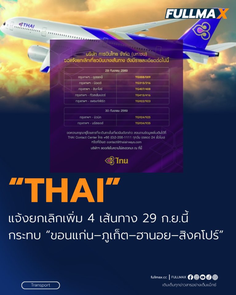 “การบินไทย” แจ้งยกเลิกเพิ่ม 4 เส้นทาง 29 ก.ย. กระทบ “ขอนแก่น–ภูเก็ต–ฮานอย–สิงคโปร์”