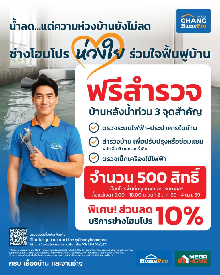 “โฮมโปร–เมกาโฮม” ส่งทีมช่างโฮมโปร ช่วยฟื้นฟูบ้านหลังน้ำท่วม เปิด “สำรวจบ้าน–ซ่อมเครื่องใช้ไฟฟ้าฟรี!” 2–4 ต.ค. 69 ทั่วประเทศ ชวนคนไทย “ซ่อมก่อนเปลี่ยน” ลดค่าครองชีพ ให้ของในบ้านได้ไปต่อ