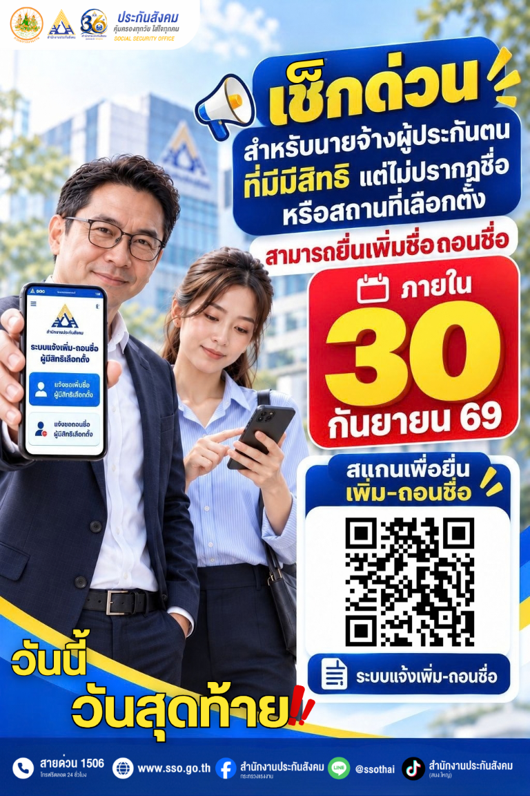 “สปส.” ย้ำ นายจ้าง ผู้ประกันตน ที่มีสิทธิ แต่ไม่ปรากฏชื่อหรือสถานที่เลือกตั้ง สามารถยื่นเพิ่มชื่อ-ถอนชื่อ วันนี้วันสุดท้ายภายใน 30 กันยายน 69