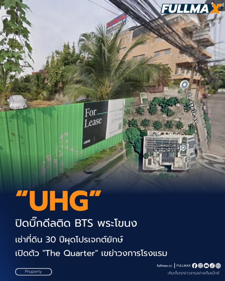 “UHG” ปิดดีลบิ๊กดีลสะท้าน คว้าที่ดินผืนงามติด BTS พระโขนง เช่ายาว 30 ปี ผุด "The Quarter" เขย่าทัพโรงแรมเมืองหลวง รับเทรนด์พุ่ง-ดักนักท่องเที่ยวทั่วโลก