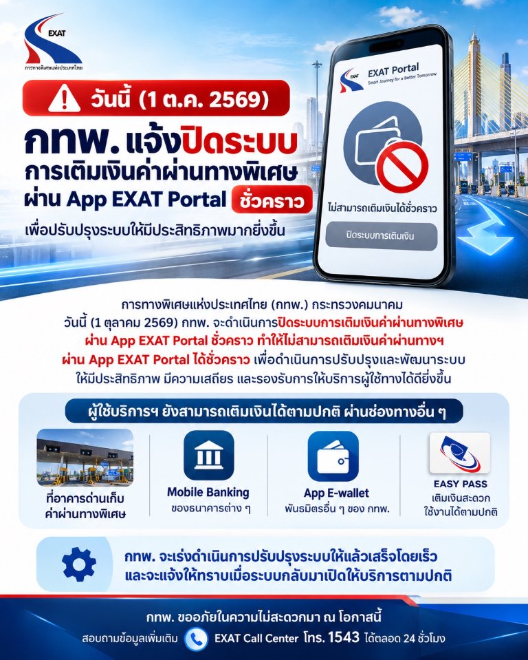 “กทพ.” ปิดระบบเติมเงินผ่าน App EXAT Portal ชั่วคราว 1 ต.ค. เร่งอัปเกรดระบบ ย้ำยังเติมเงินช่องทางอื่นได้ตามปกติ