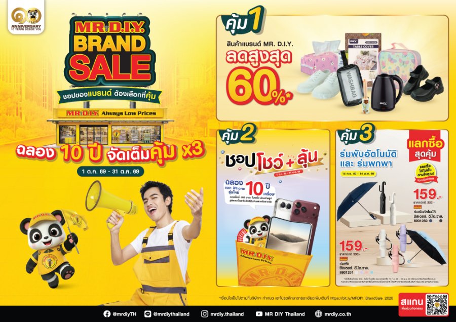 “มิสเตอร์. ดี.ไอ.วาย.” จัด “MR. D.I.Y. Brand Sale” ครั้งเดียวในรอบปี! ยกทัพสินค้าแบรนด์ MR. D.I.Y. ลดสูงสุด 60% ฉลอง 10 ปี “ชอปของแบรนด์ ต้องเลือกที่คุ้ม” พร้อมลุ้น iPhone รุ่นใหม่ และรางวัลอื่นๆ รวมมูลค่ากว่า 1 ล้านบาท ตลอดเดือนตุลาคมนี้