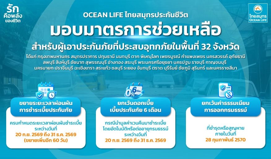 “OCEAN LIFE ไทยสมุทรประกันชีวิต” ออกมาตรการช่วยลูกค้าประสบอุทกภัย 32 จังหวัด ขยายเวลาผ่อนผันการชำระเบี้ยอีก 60 วัน