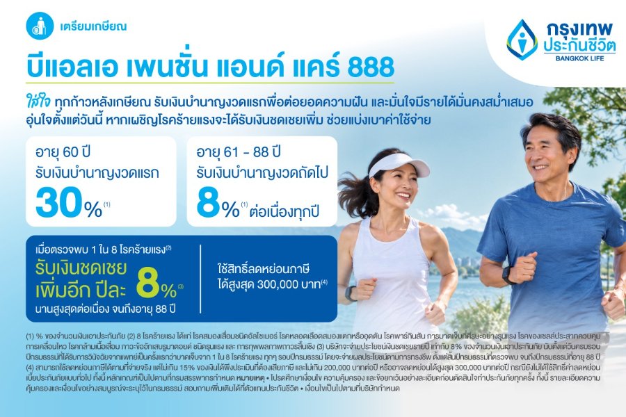 “กรุงเทพประกันชีวิต” เปลี่ยนมุมมองการเกษียณยุค Longevity ดึง “ความใส่ใจ สู่การใช้ชีวิตดี 4 ด้าน” เปิดตัว “บีแอลเอ เพนชั่น 888” ครั้งแรกกับประกันบำนาญที่มอบเงินก้อนแรก 30% ณ อายุ 60 ปี และ “บีแอลเอ เพนชั่น แอนด์ แคร์ 888” ประกันบำนาญที่มาพร้อมความคุ้มครอง 8 โรคร้ายแรง