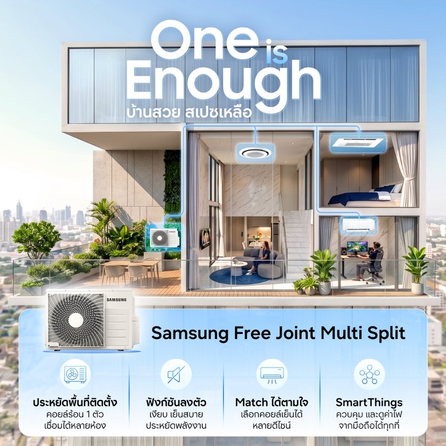 “ซัมซุง” ดันคอยล์ร้อนระบบ Multi ใหม่ (Free Joint Multi Split) โซลูชันแอร์สำหรับที่อยู่อาศัยยุคใหม่ ชู 1 คอยล์ร้อน เชื่อมต่อแอร์ได้สูงสุด 5 เครื่อง ผ่านแนวคิด “One is Enough บ้านสวย สเปซเหลือ”