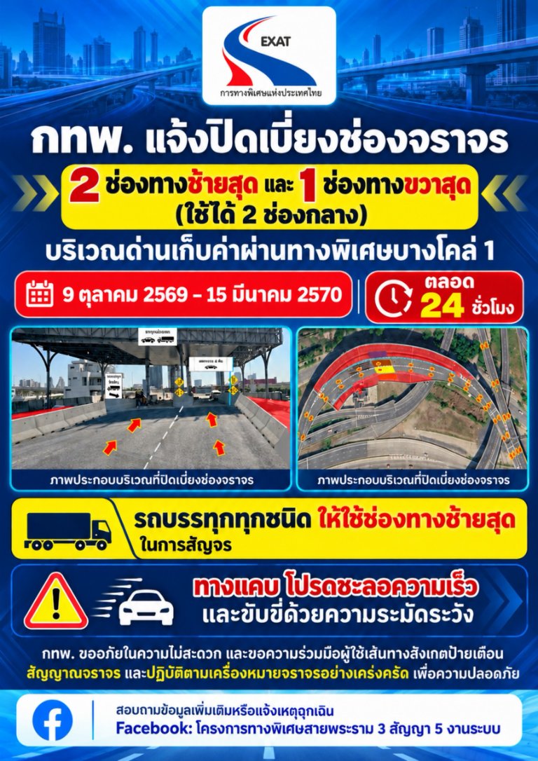 “กทพ.” แจ้งปิดเบี่ยงช่องจราจร ด่านฯ บางโคล่ 1 ตั้งแต่วันที่ 9 ตุลาคม 2569 ถึงวันที่ 15 มีนาคม 2570 เพื่อดำเนินงานก่อสร้างอาคารด่านเก็บค่าผ่านทาง ส่วนที่ 2 โครงการทางพิเศษสายพระราม 3 - ดาวคะนอง – วงแหวนรอบนอกกรุงเทพมหานครด้านตะวันตก