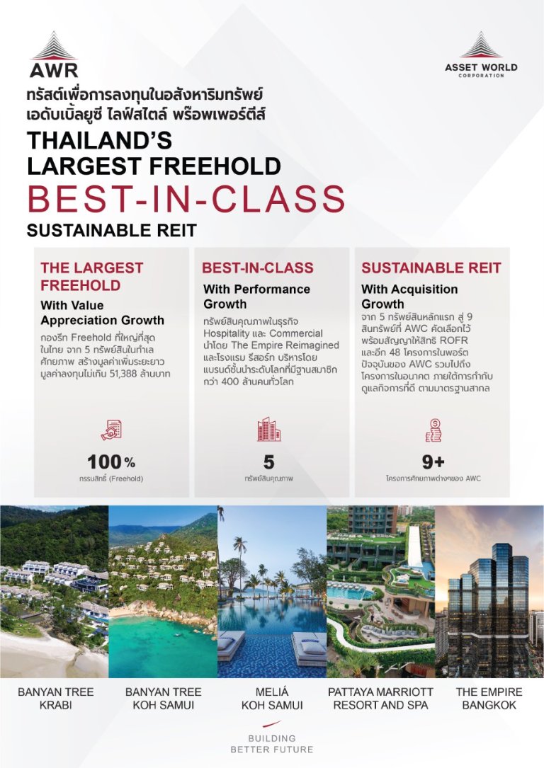 “AWC” ผนึกความพิเศษร่วมกับ “Top Banks” รวมพลังให้ตลาดทุนไทย นำ AWR REIT IPO ที่ใหญ่ที่สุดในประวัติศาสตร์ไทย สู่นักลงทุน เสริมพลังให้อุตสาหกรรมอสังหาริมทรัพย์