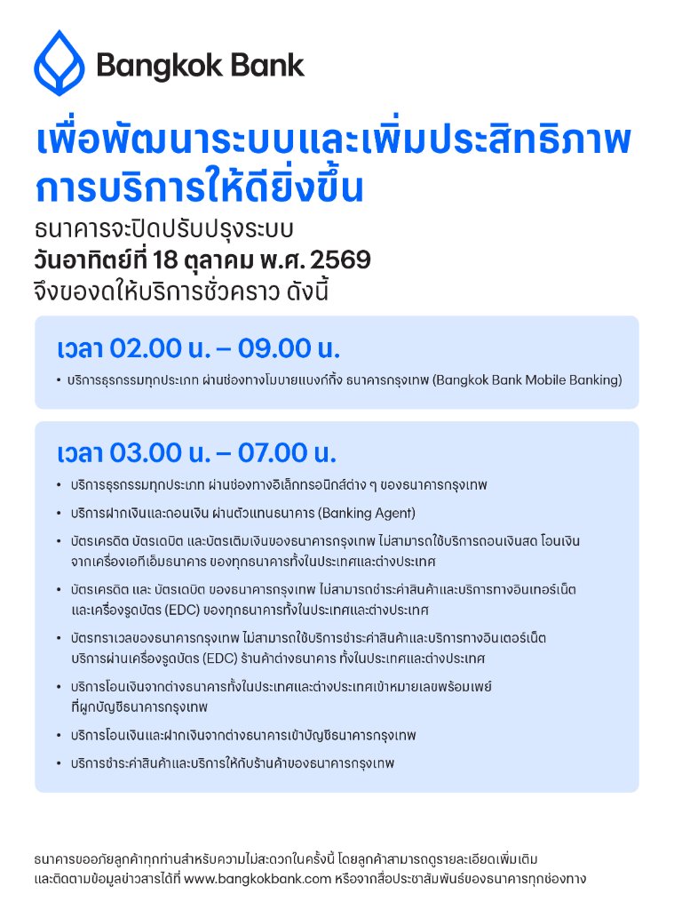 “ธนาคารกรุงเทพ” แจ้งปิดปรับปรุงระบบชั่วคราว เพื่อเพิ่มประสิทธิภาพการให้บริการลูกค้า