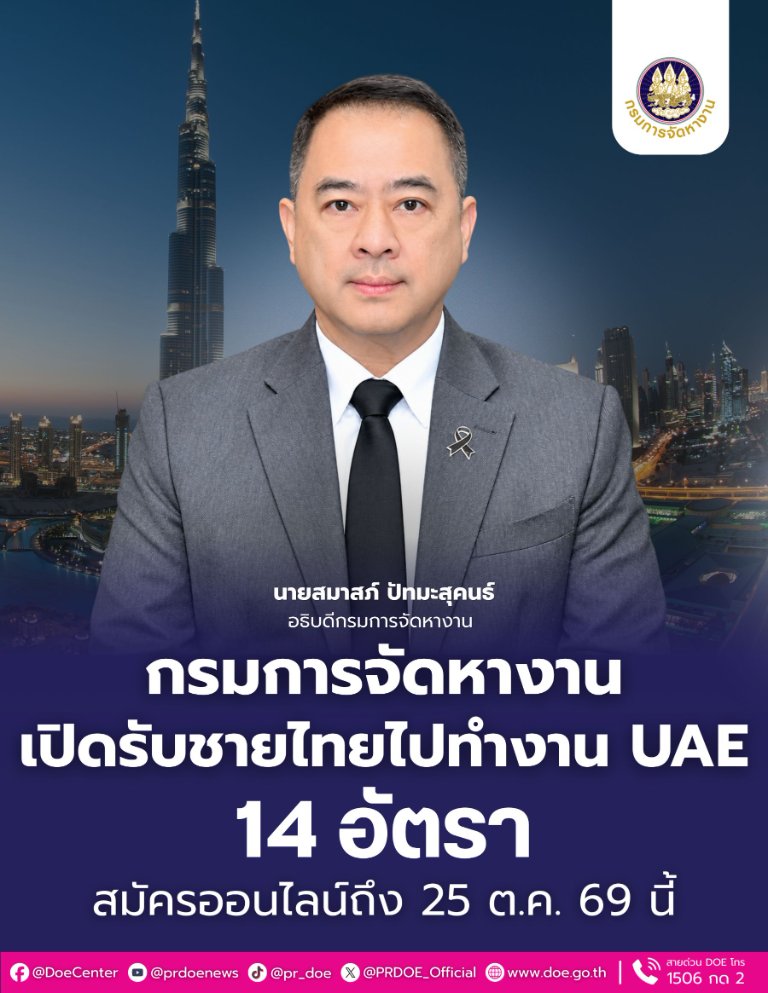 ข่าวดี! “กรมการจัดหางาน” เปิดรับสมัครชายไทย ทำงานสหรัฐอาหรับเอมิเรตส์ 14 อัตรา สวัสดิการครบ สมัครออนไลน์ถึง 25 ต.ค. นี้