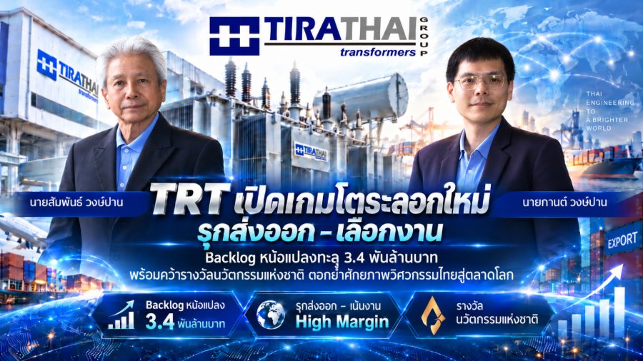 “TRT” เปิดเกมโตระลอกใหม่ รุกส่งออก หลังตุน Backlog หม้อแปลงทะลุ 3.4 พันล้านบาท พร้อมคว้ารางวัลนวัตกรรมแห่งชาติ ตอกย้ำศักยภาพวิศวกรรมไทยสู่ตลาดโลก