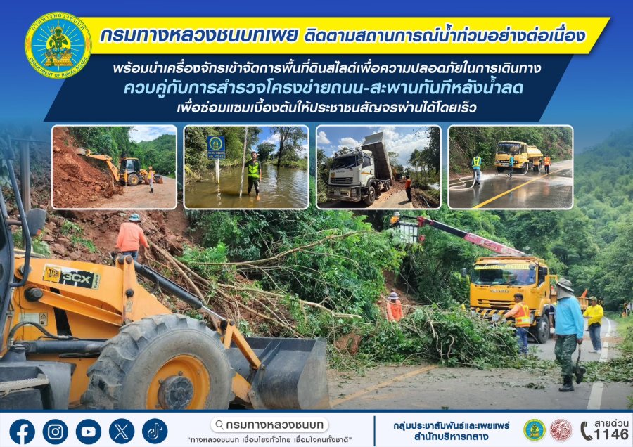 “กรมทางหลวงชนบท” เร่งรับมือน้ำท่วม 12 จังหวัด! กระทบ 42 สายทาง ผ่านไม่ได้ 18 เส้นทาง ระดมเครื่องจักรเคลียร์ดินสไลด์–เร่งซ่อมถนนหลังน้ำลด