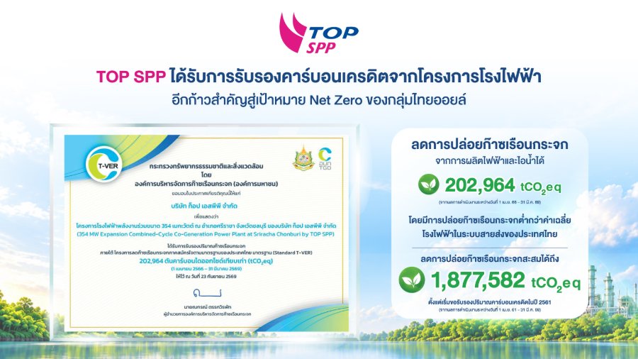 “TOP SPP” ได้รับการรับรองคาร์บอนเครดิตจากโครงการโรงไฟฟ้า อีกก้าวสำคัญสู่เป้าหมาย Net Zero ของกลุ่มไทยออยล์