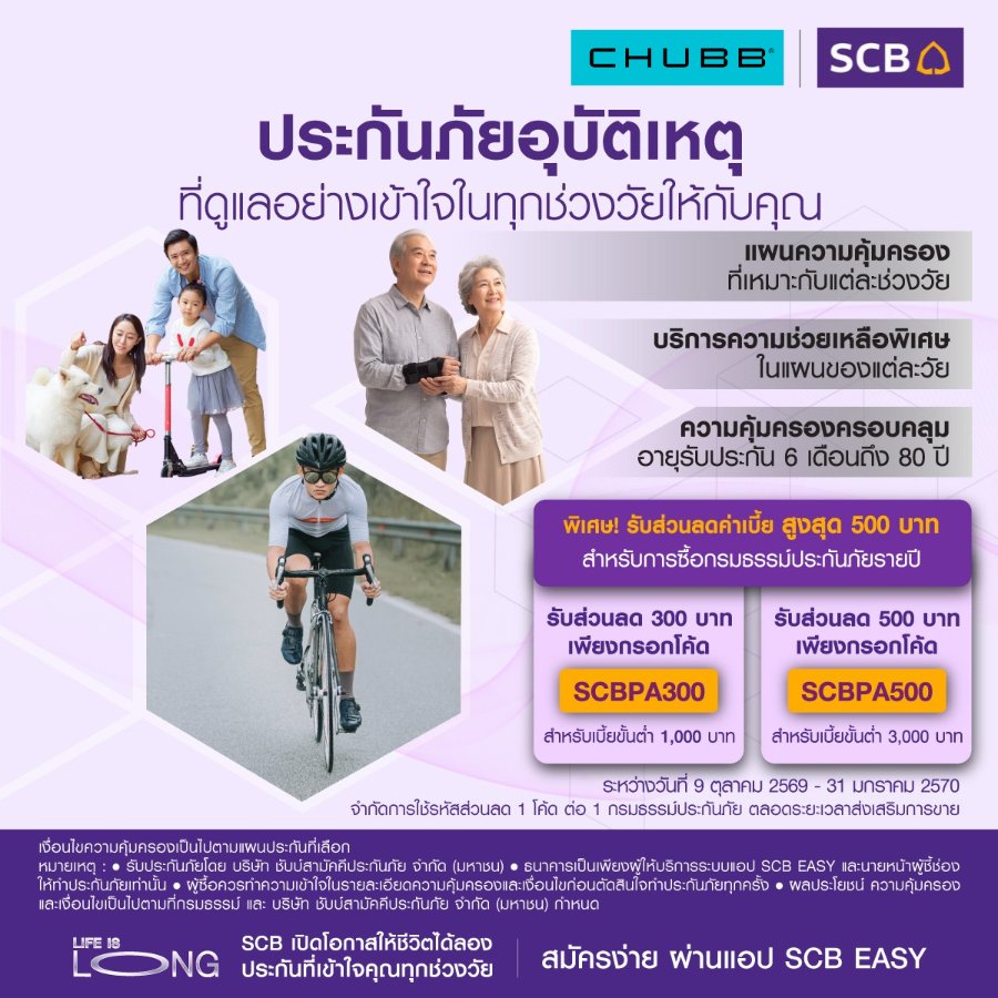 “ไทยพาณิชย์”-“ชับบ์” เปิดตัวประกันอุบัติเหตุทุกช่วงวัย บนแอป SCB EASY ชูจุดเด่นเลือกความคุ้มครองเสริมตามไลฟ์สไตล์ ตอบโจทย์คนไทยทุกช่วงวัย