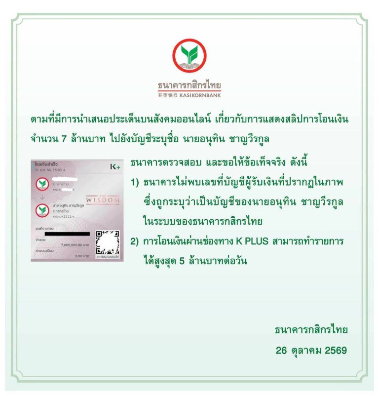 “กสิกรไทย” ชี้แจงแล้ว! ปมสลิปโอนเงิน 7 ล้าน ยืนยัน “ไม่พบเลขบัญชีในระบบ - K PLUS โอนได้สูงสุด 5 ล้าน/วัน”