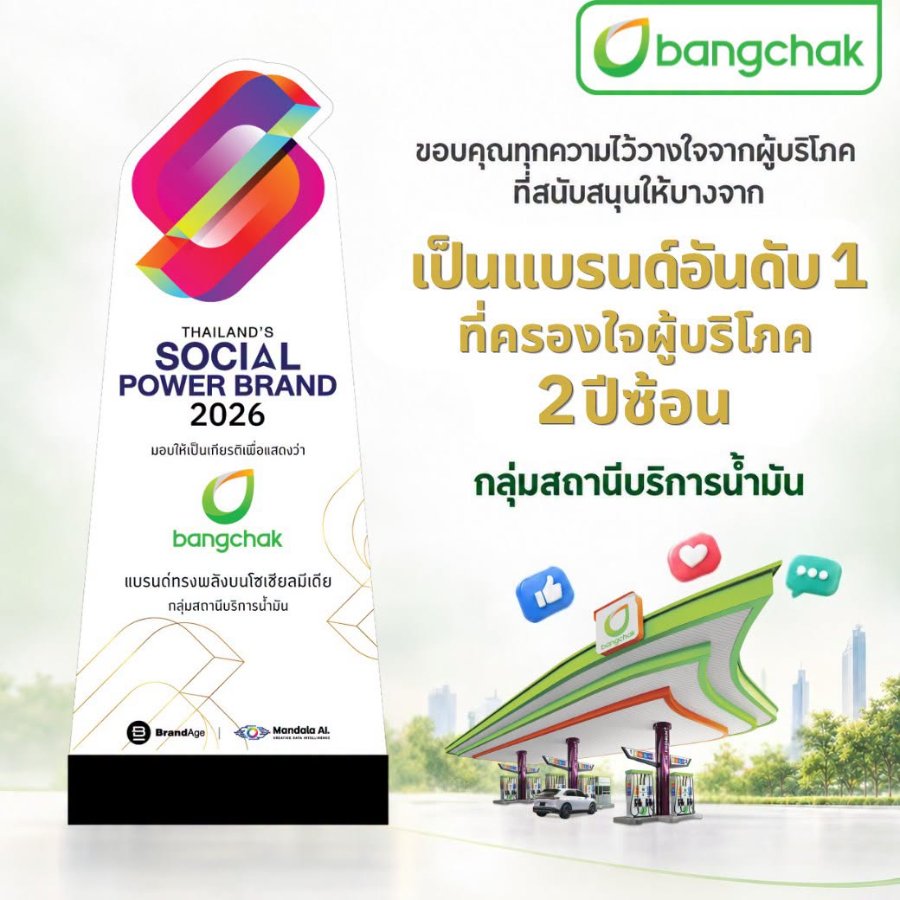 “บางจากฯ” ครองแชมป์ต่อเนื่อง 2 ปี ซ้อน คว้าอันดับ 1 แบรนด์ที่ครองใจผู้บริโภคในกลุ่ม สถานีบริการน้ำมัน “Thailand’s Social Power Brand 2026”