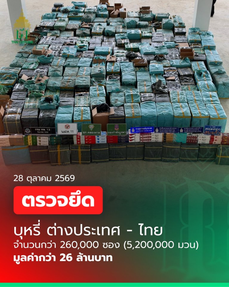 “กรมศุลกากร” ร่วมกับกองกำลังบูรพา ตรวจยึดบุหรี่เมืองกำเนิดต่างประเทศ พร้อมยานพาหนะ 2 คัน บริเวณชายแดนไทย–กัมพูชา