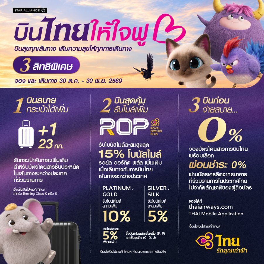 “การบินไทย” ชวน “บินไทยให้ใจฟู” มอบ 3 สิทธิพิเศษ เพิ่มความสุขและความคุ้มค่าทุกการเดินทาง